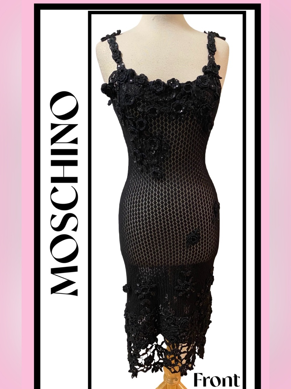 MOSCHINO Black Knit long Dress Crocheted Sequin Flowers Bodycon Rare 44/10 (6/8)